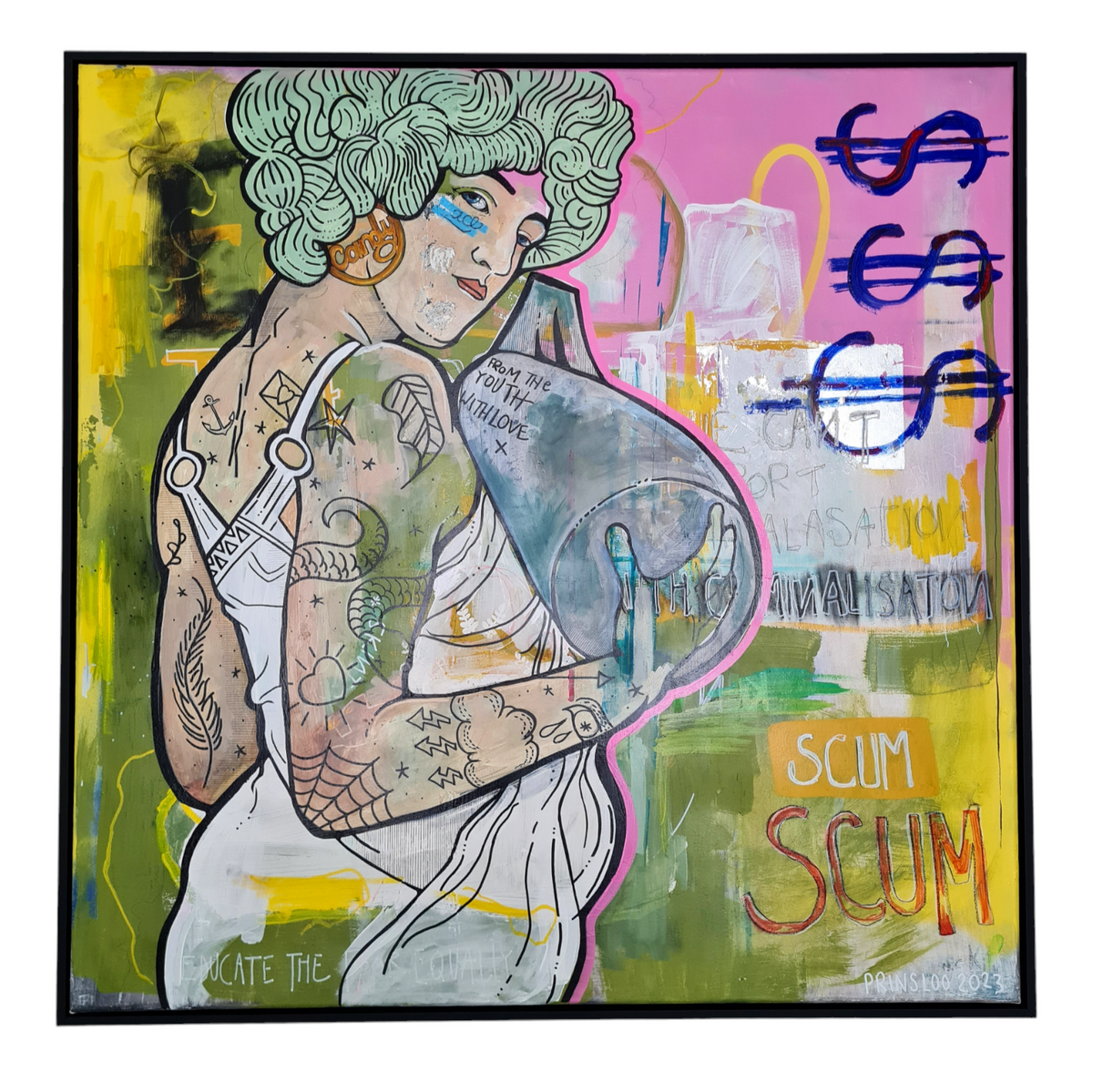 Woman holding bomb tattoos pink green scum