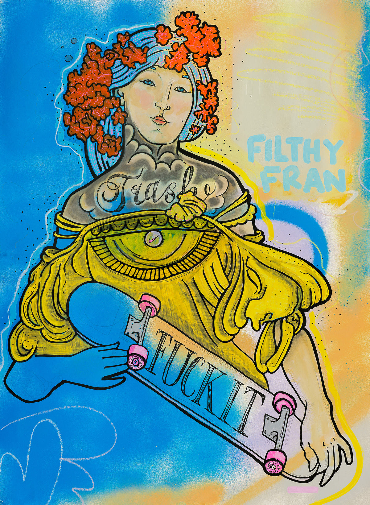 Woman holding skateboard tattoos art print painting artist sheffield