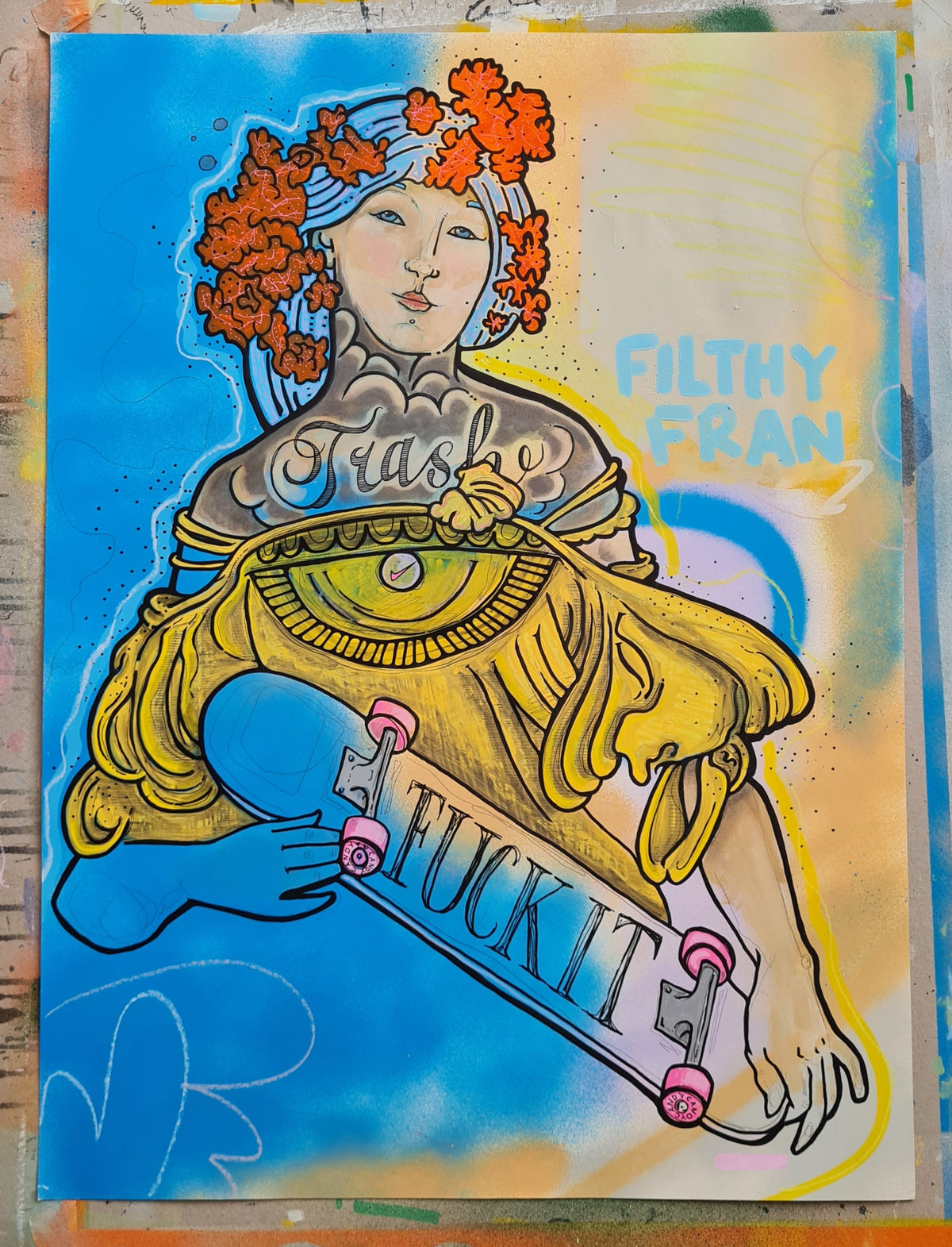 Woman holding skateboard sara prinsloo artist painting print tattoos art