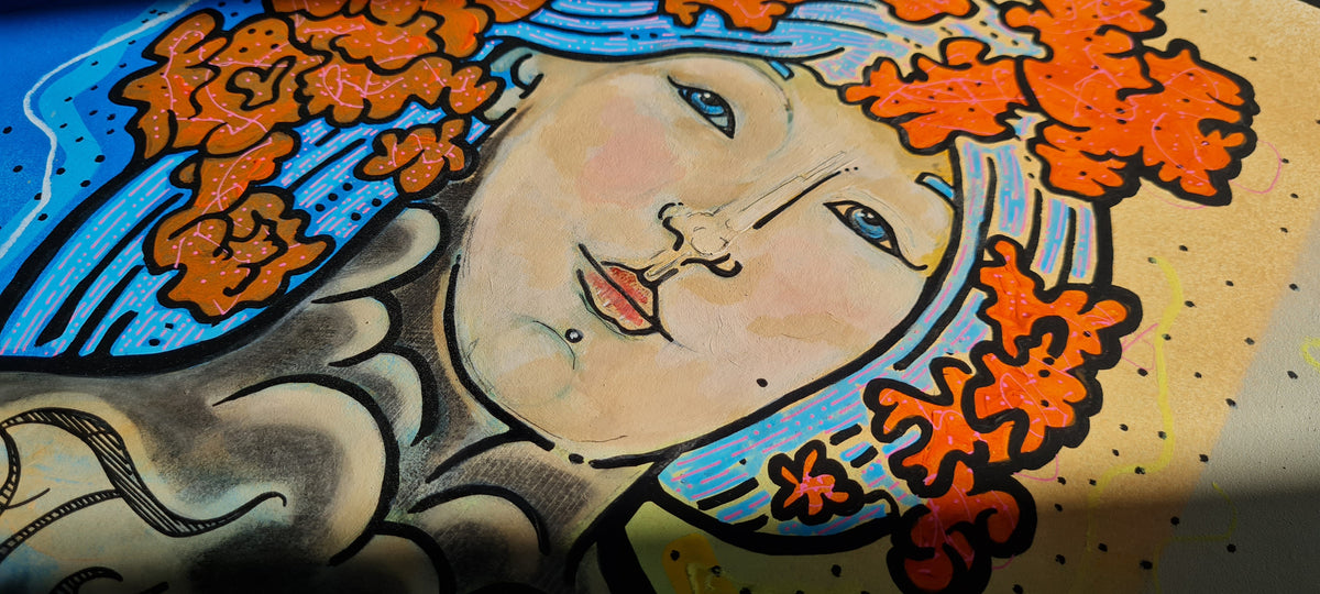 Painting Sheffield Artist Woman Orange Flowers in Hair Drawing Tattoos Close Up Art Blue Hair