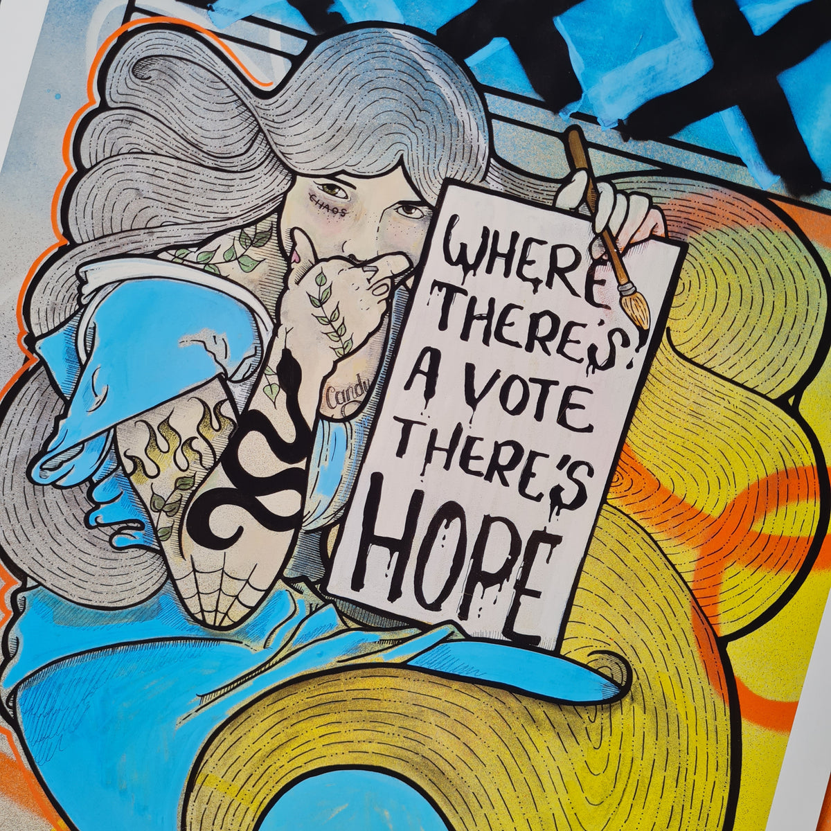 woman holding sign vote words ink painting tattoo