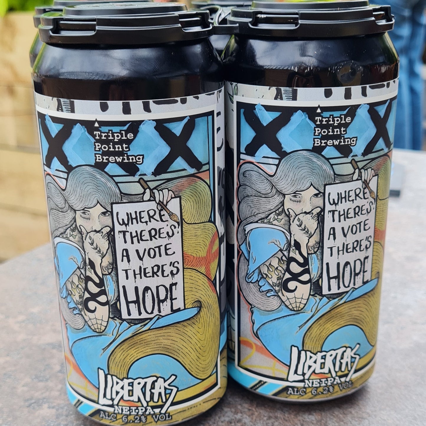 Beer can art beer can woman holding sign vote triple point brewing libertas Sheffield