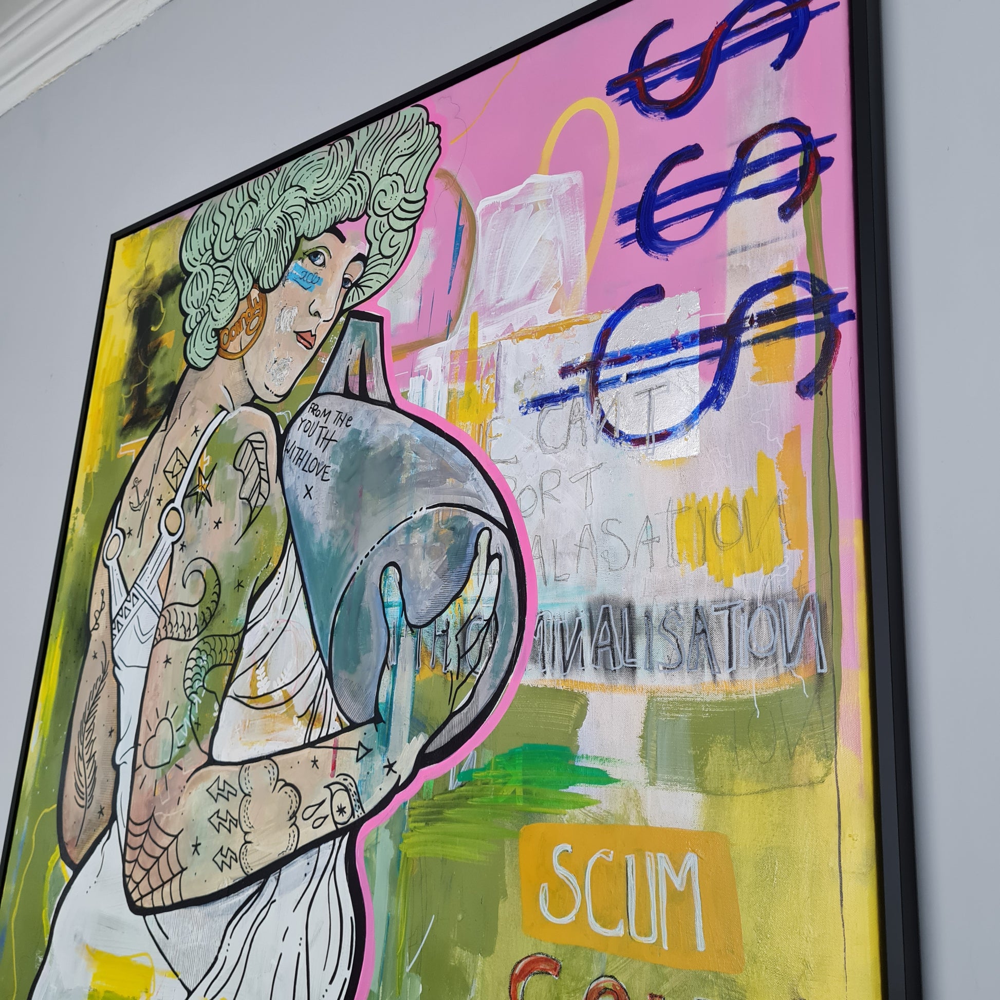 Woman holding bomb dollar pink green painting tattoos 