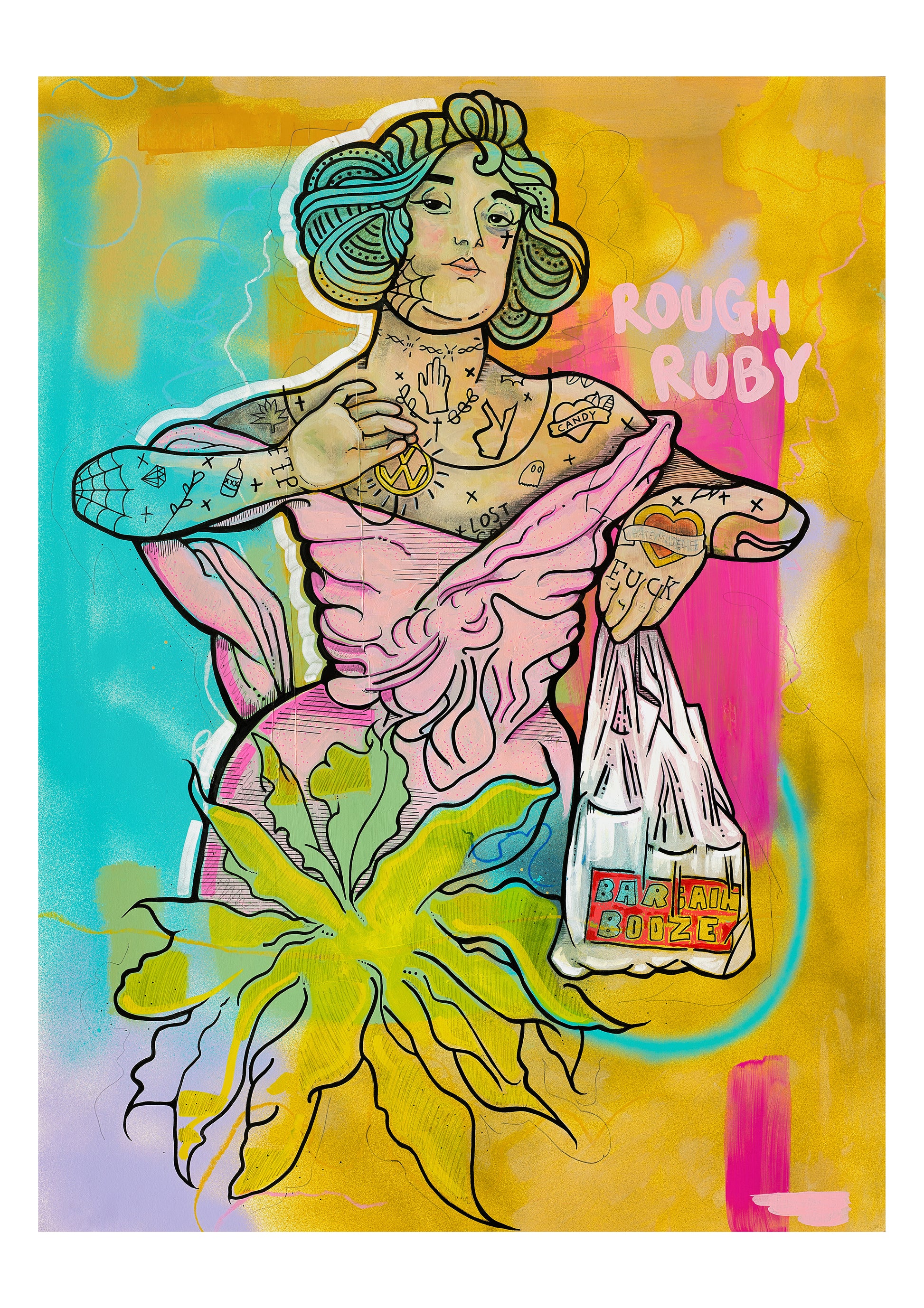 rough ruby painting art print woman holding carrier bag pink dress necklace tattoos 