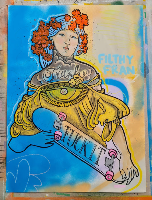 Woman holding skateboard sara prinsloo artist painting print tattoos art 