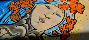 Painting Sheffield Artist Woman Orange Flowers in Hair Drawing Tattoos Close Up Art Blue Hair 