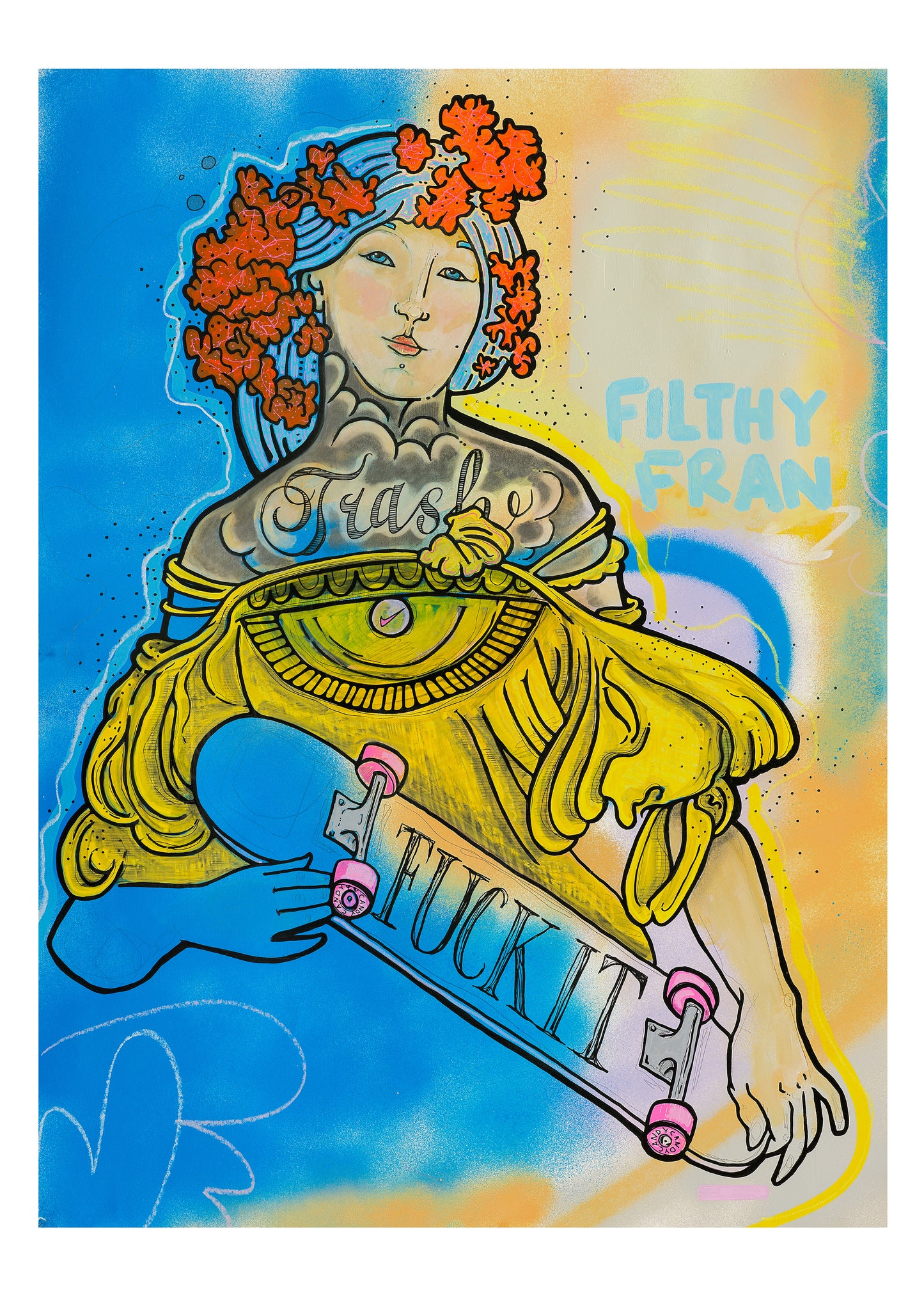 Woman with skateboard orange flowers tattoos blue filthy fran art Sheffield artists art prints 