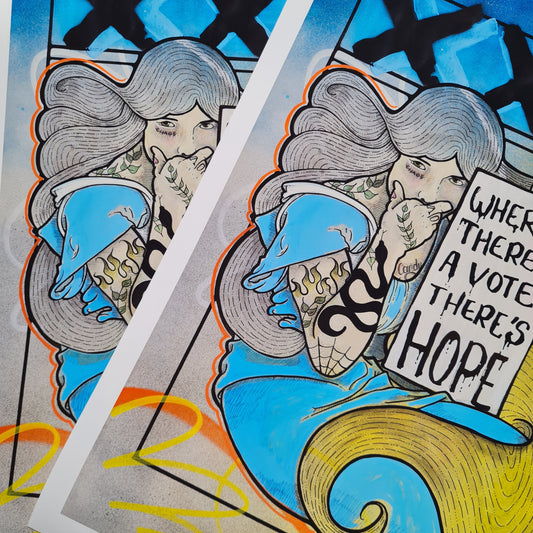 Cloe up art print woman holding sign vote tattoo